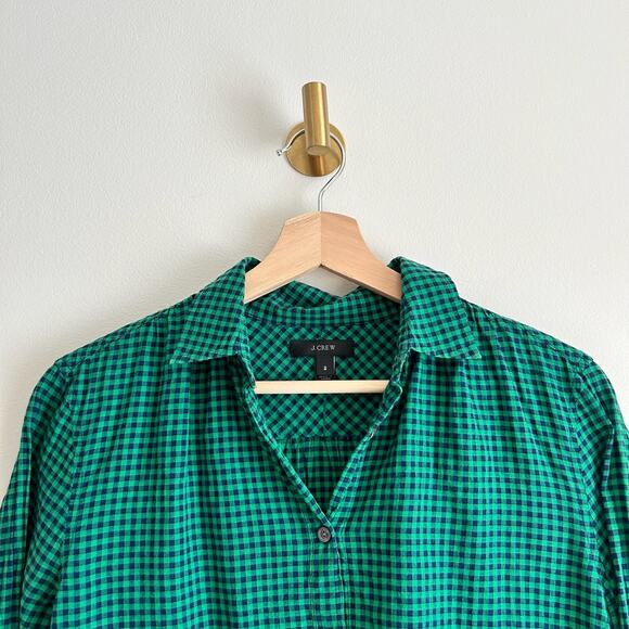 J. Crew Gathered Popover Top Green Blue 2 - Picture 3 of 7